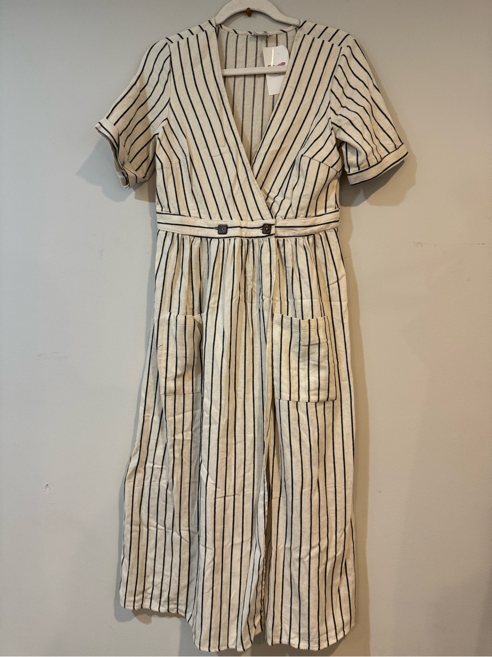 Striped Linen-Blend Midi Dress with Button Waist